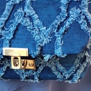 Stylish Blue Denim Clutch with Fringe Accents And Golden Chain Strap, New